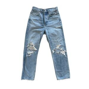 Agolde - 90's Mid Rise Loose Fit Distressed Ripped Straight Leg Jeans in Blue